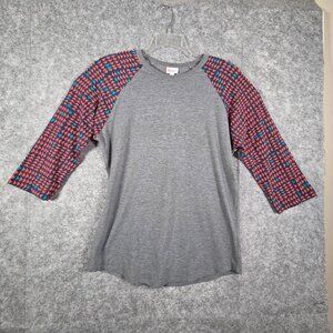 LuLaRoe Randy Tee raglan top in gray with geometric patterned sleeves Size L